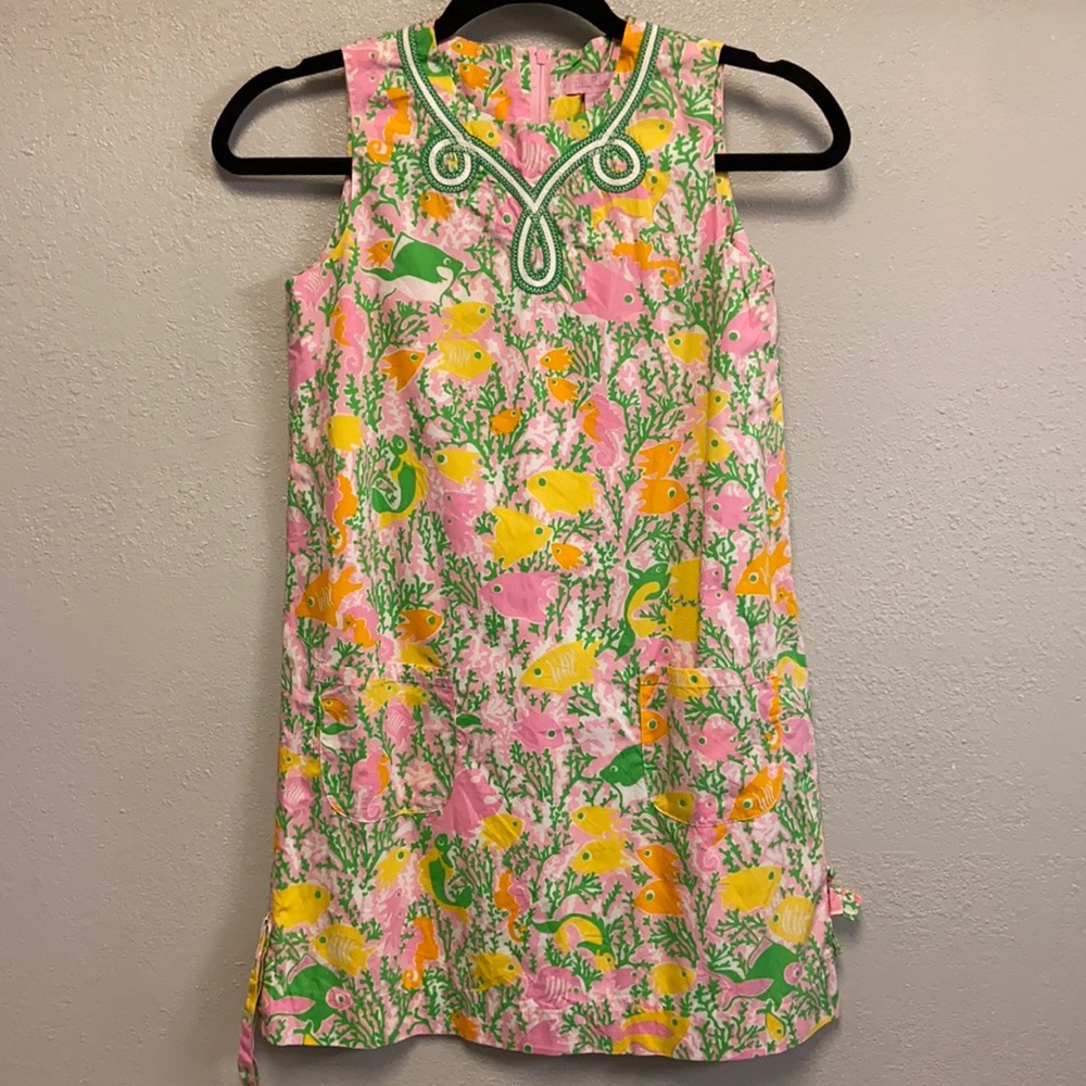 Lilly Pulitzer Girls Size 12 Lined Fish Seahorse Colorful Pockets Shift Dress